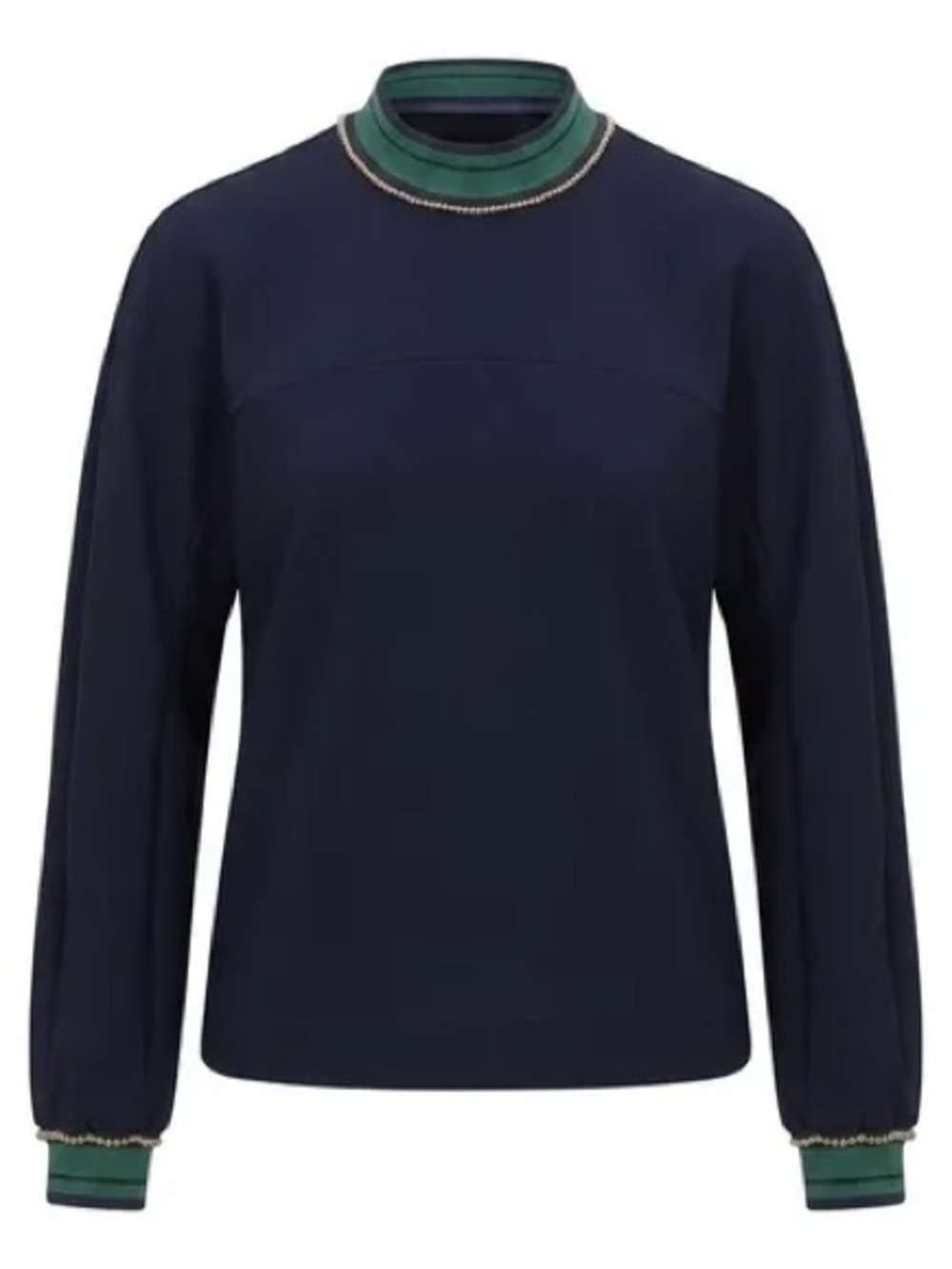Zara Navy Long-Sleeve Mock Neck Top with Green Trim and Chain Detail